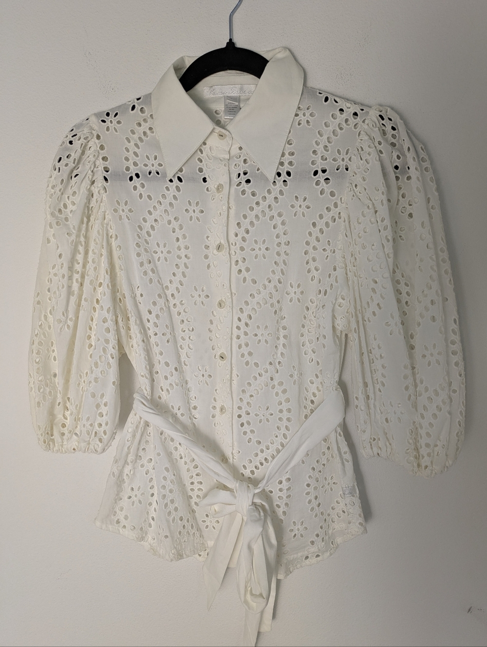 Kamiseta Eyelet Button Down Top Blouse Cream Sz S Puff Sleeve Romantic Lace EUC - Picture 6 of 14
